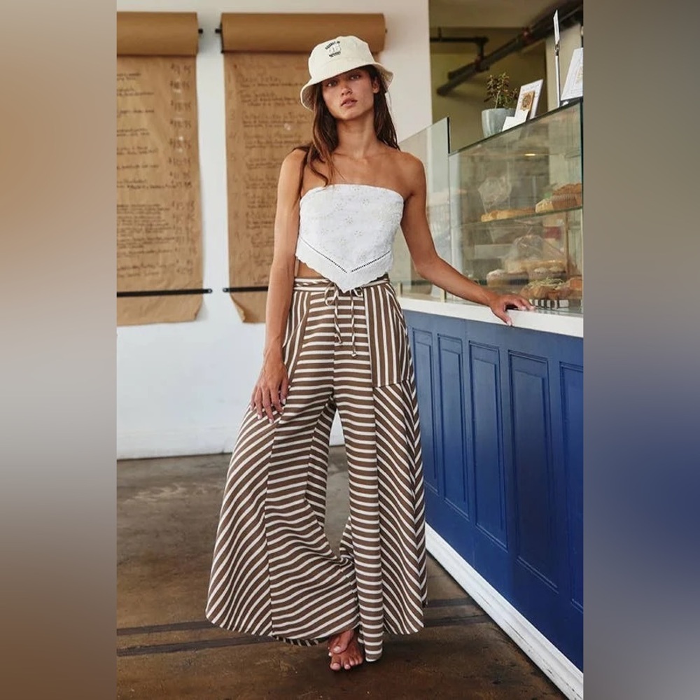 Striped Brown and White Wide-Leg Pants